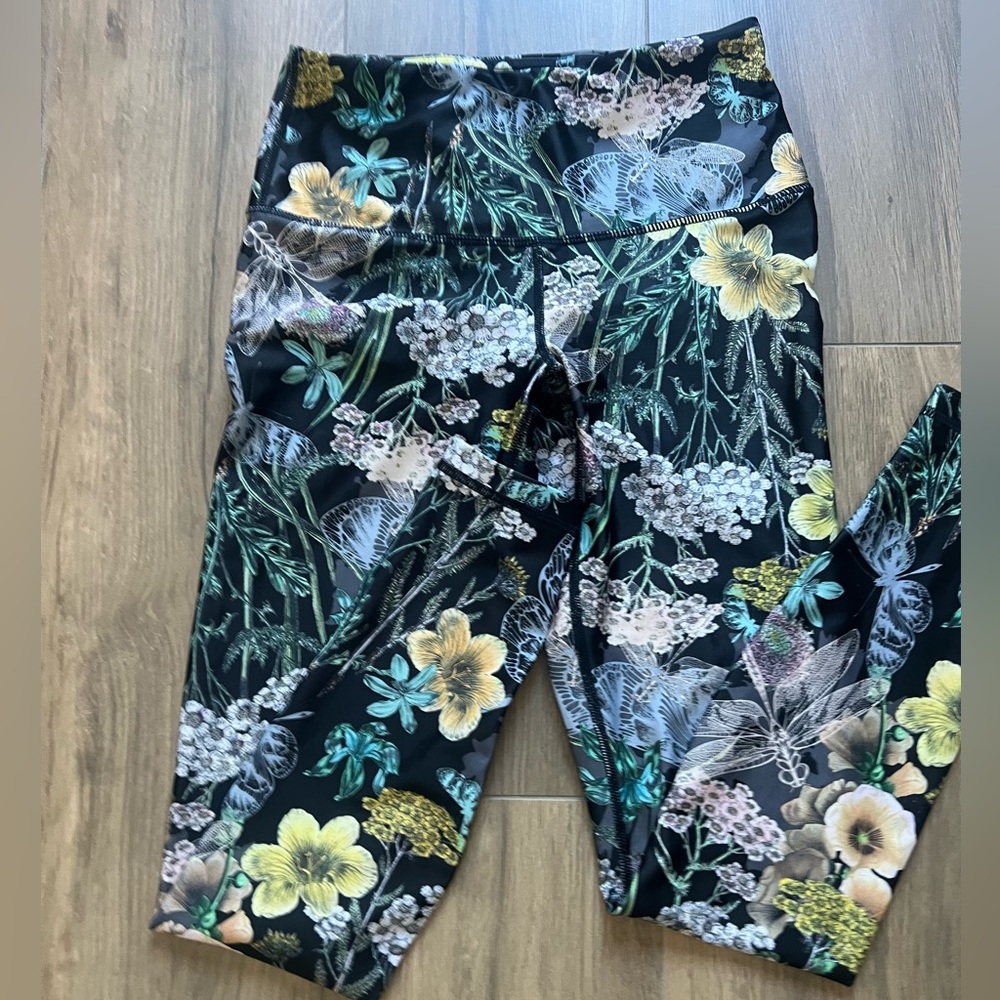 Floral Yellow Blue Athletic Leggings Women XS High Rise No Tag Thick